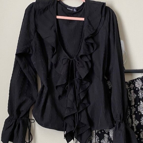 Black Boho Tie Front Long Sleeve Blouse - Picture 1 of 8